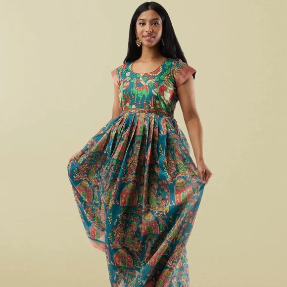 Stylish Blue Kalankari Ankle-Length Dress | Muvvas Boutique - Picture 1 of 3